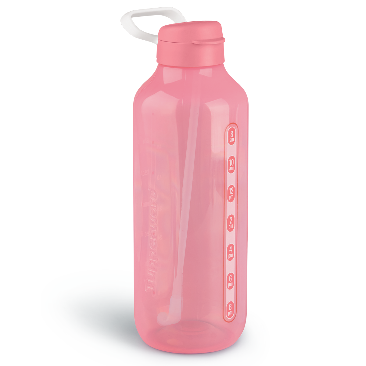 Botella con pictogramas que indican las horas para llegar a tu meta de consumo diario de 2 litros de agua.