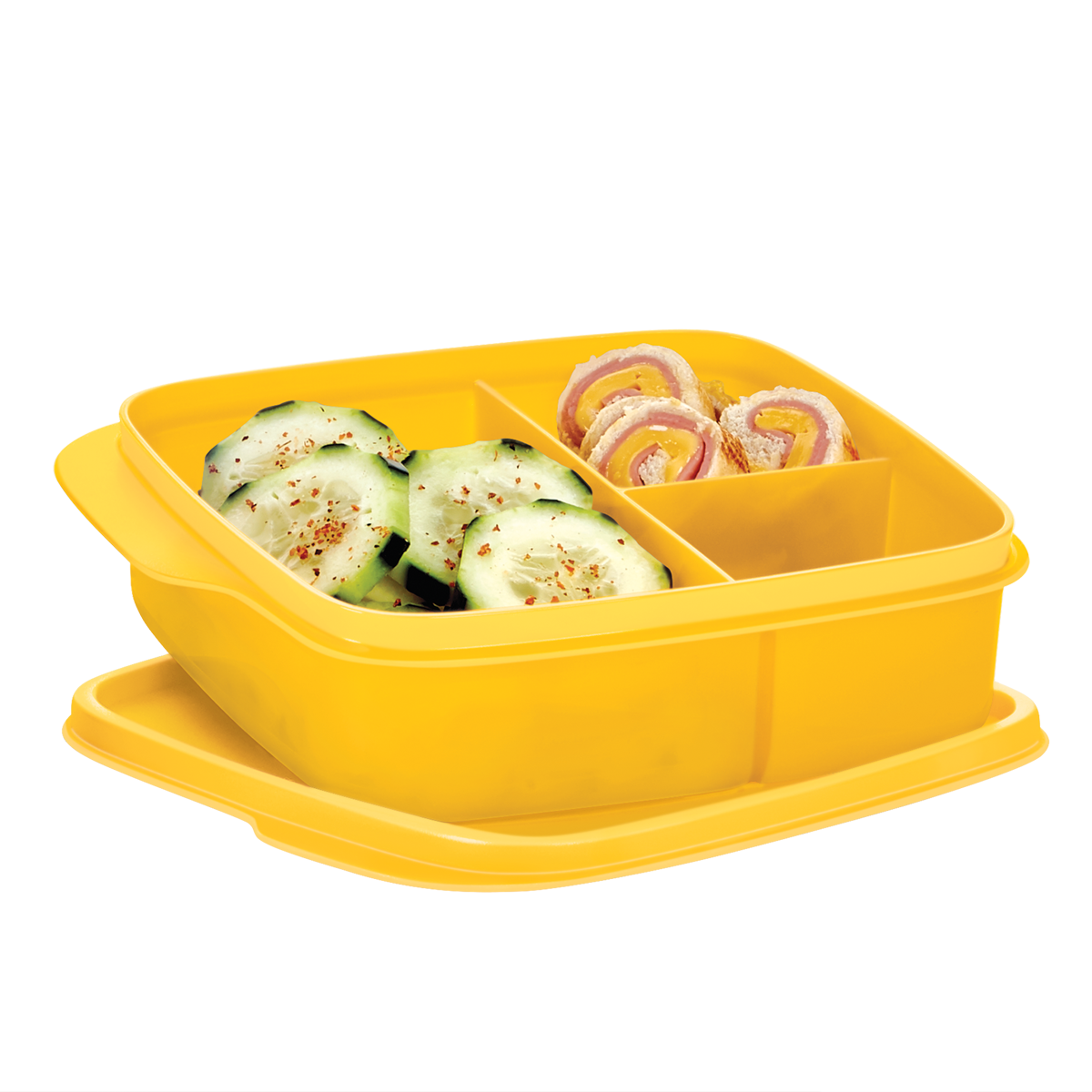 Contenedor para lunch con 3 div Tupperware. Dim: 4.5x15x15 cm.