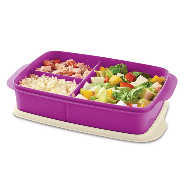 Contenedor para lunch con 3 div Tupperware. Dim: 4.5x15x26 cm.