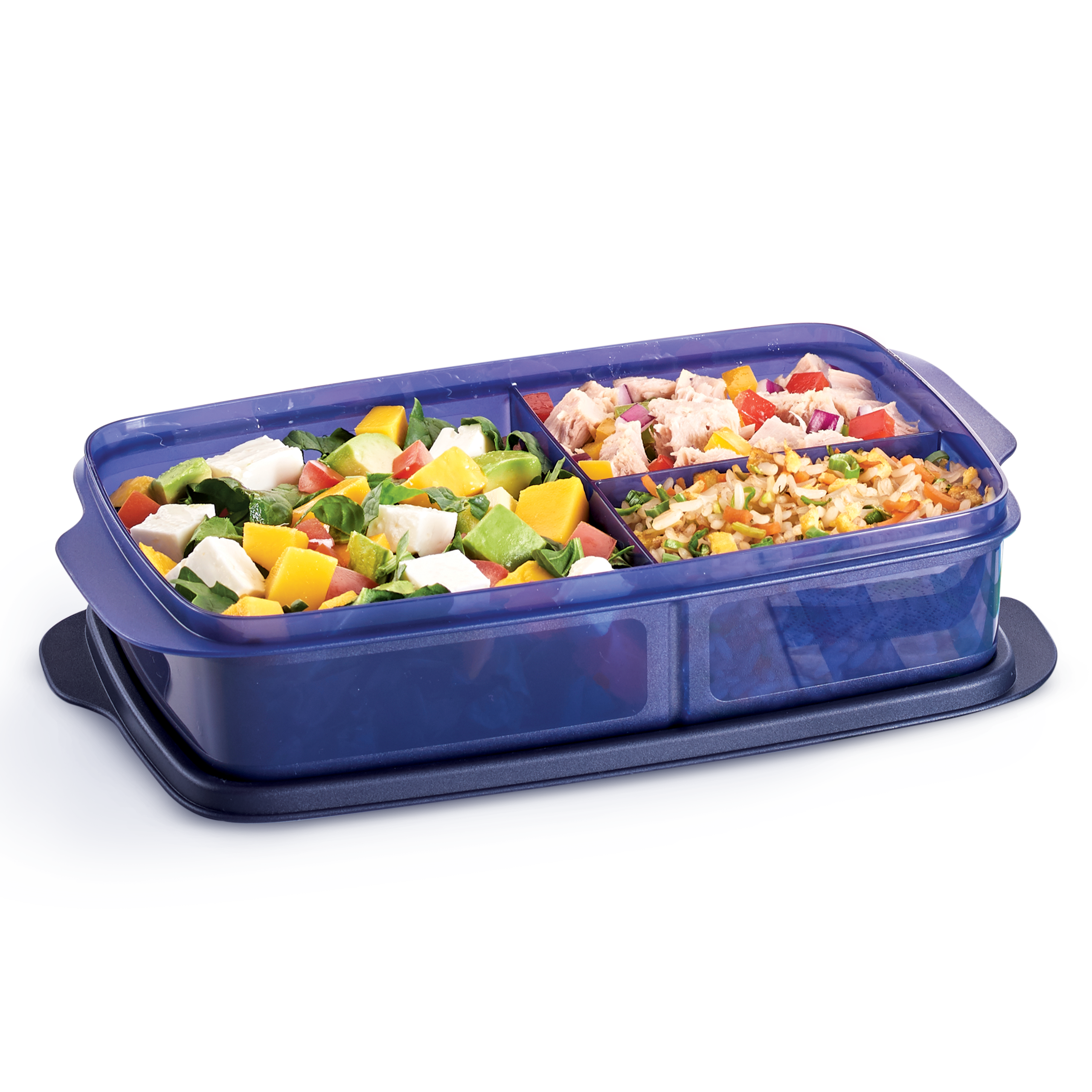Contenedor para lunch con 3 div Tupperware. Dim: 4.5x15x26 cm.