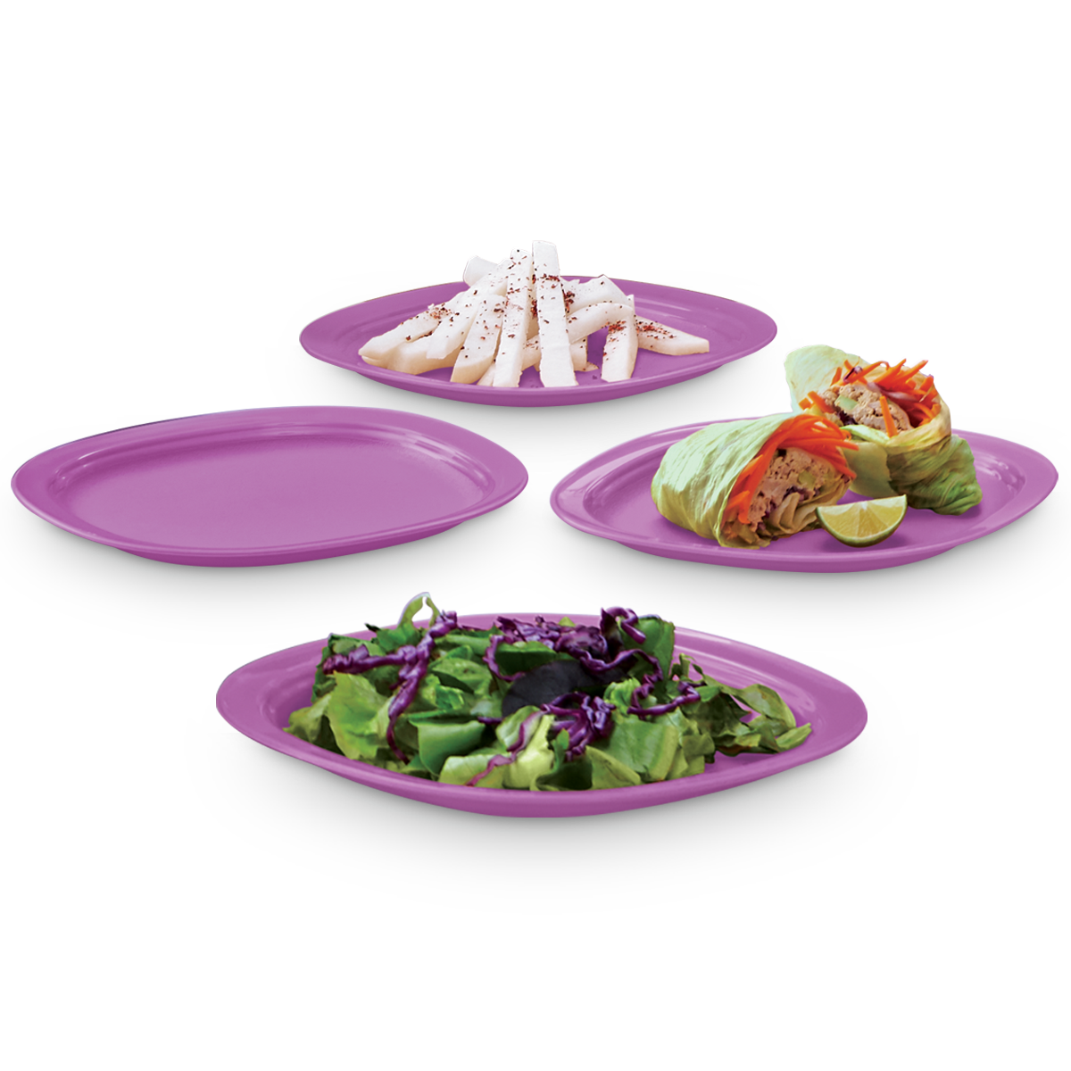 Set de 4 platos para servir en la mesa. Mientras no los usas almacena ocupando poco espacio apilando uno sobre otro. Platos chicos para servir toda clase de platillos en la mesa. Sirve directo en la mesa . Evita cortar sobre estos con cubiertos filosos. Medidas: 19.5 cm x 19.5 cm 