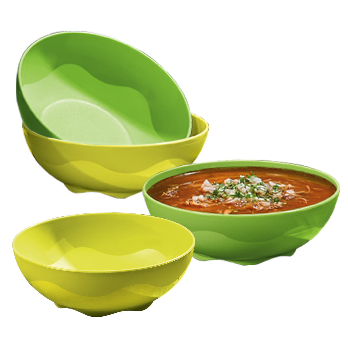 Come tus comidas favoritas en estos originales platos hondos con diseño en ondas para una apariencia diferente.