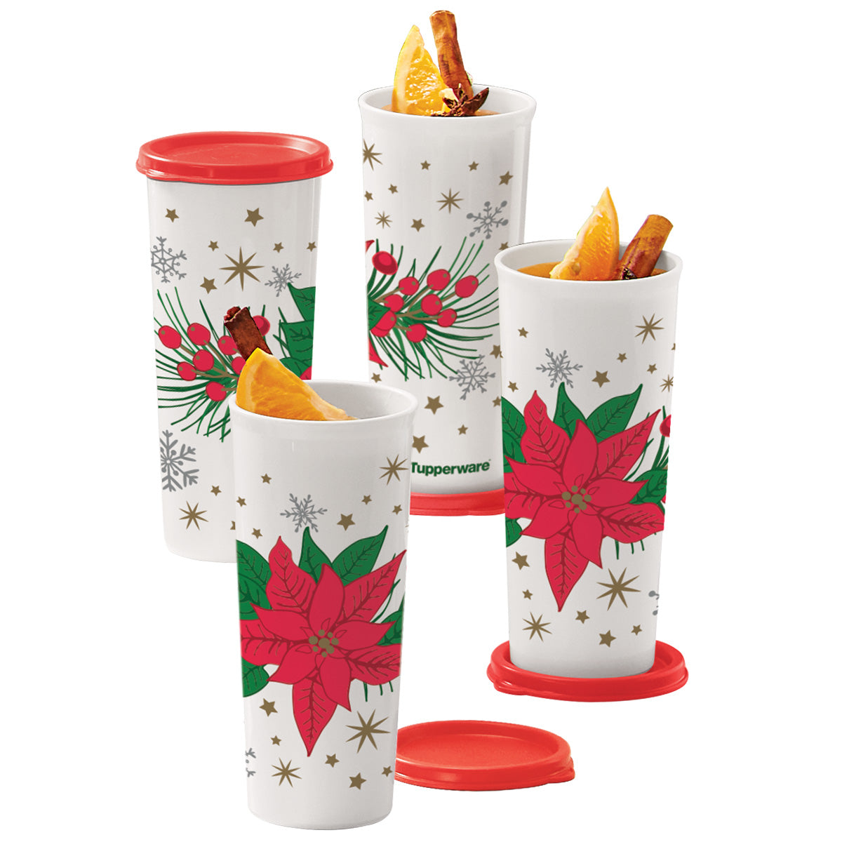 Bebe tus bebidas favoritas  en este set de 4 prácticos vasos con tapa incluida 